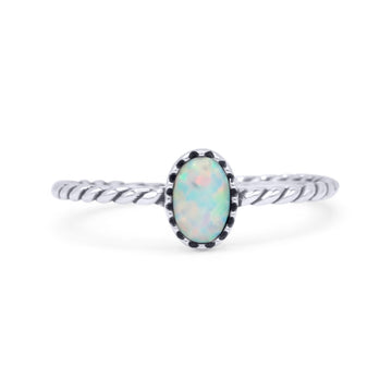 Rope Petite Dainty Lab Created White Opal Oval Ring Solid 925 Sterling Silver